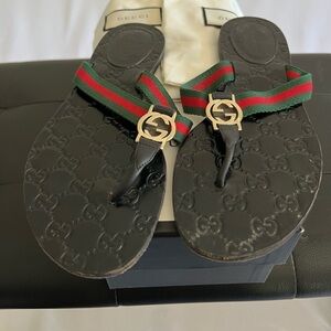 Gucci GG Web Stripe Thong Sandal Black Monogram Flat Flip Flop Slide Size 38